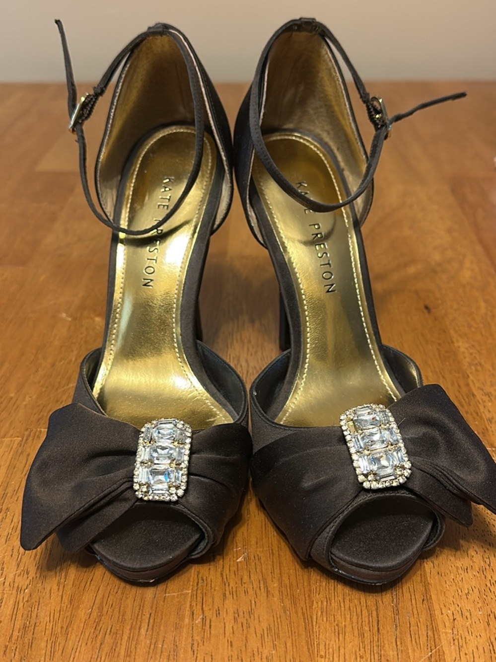 Kate Preston Brown Satin Rhinestone Bow Ankle-Strap Peep-Toe Heels Size 7.5